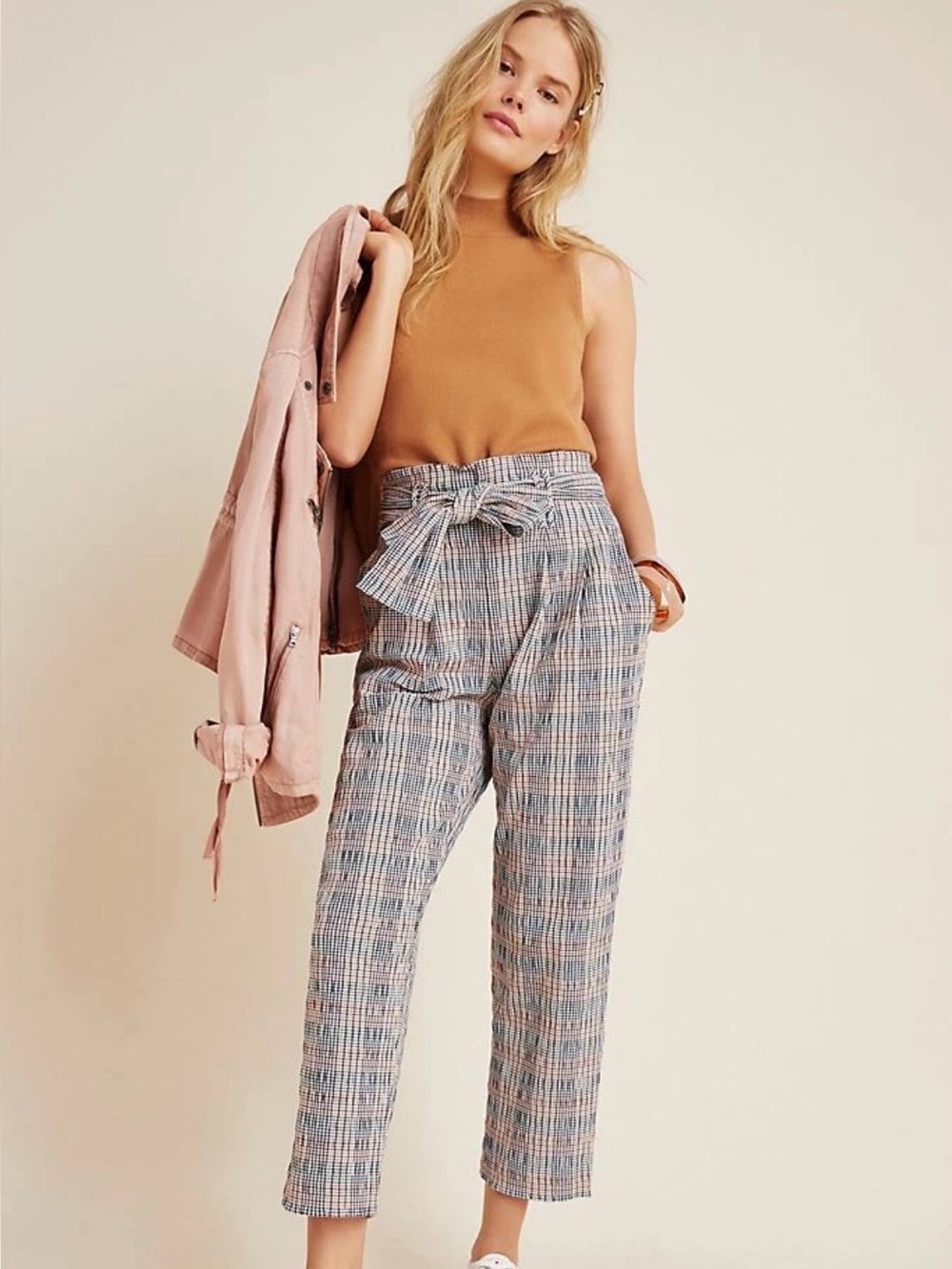Anthropologie High-Waist Plaid Paperbag Pants in Multi-Pastel Seersucker